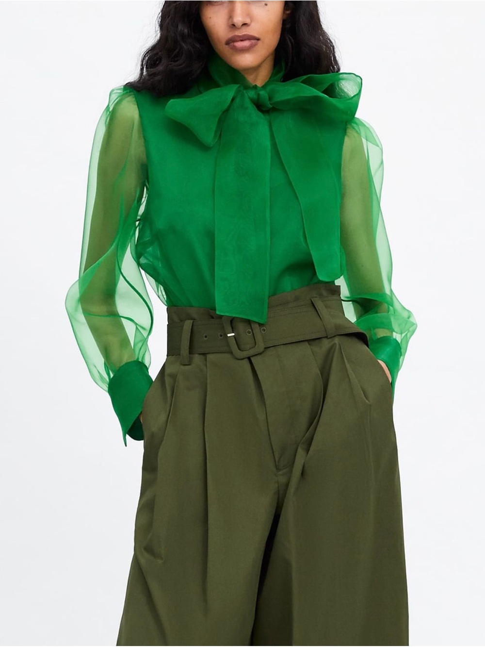 Zara Emerald Green Organza Bow Neck Blouse Sheer Statement Top Blogger Fave Sz L